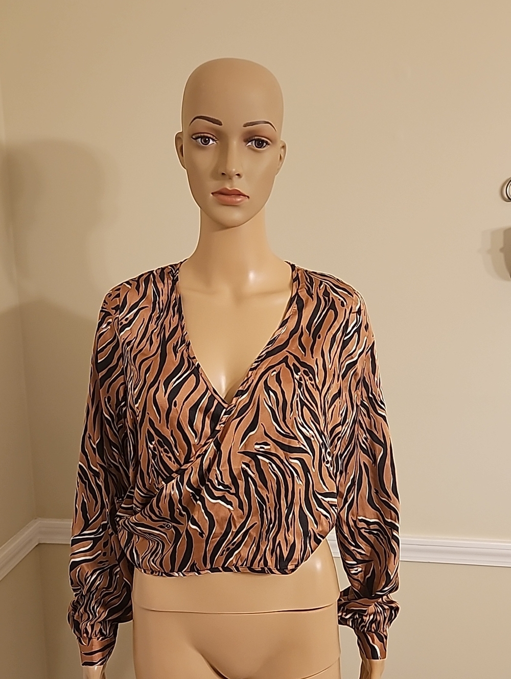 Line & Dot Tan Zebra-Print Wrap Blouse